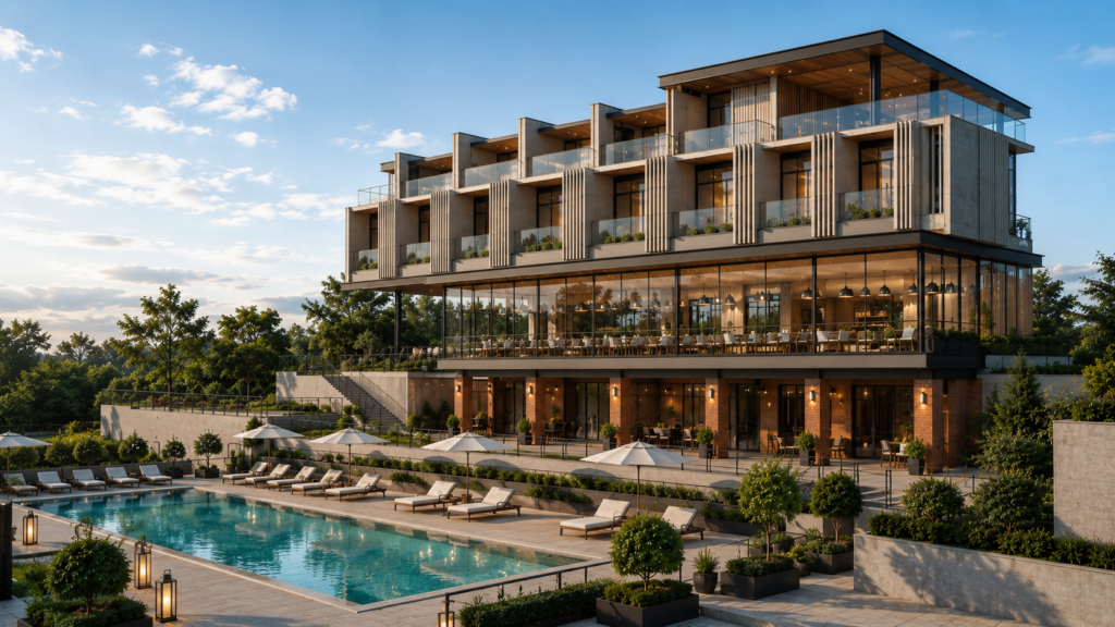 Proyek arsitektur hotel modern dan bangunan komersial